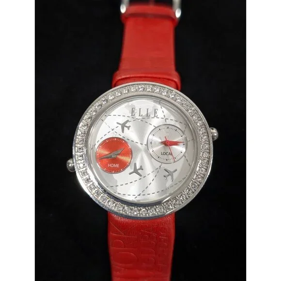 Elle Womens Dual Time Watch Airplane Travel Crystal Accent Red Leather Band - Picture 2 of 15